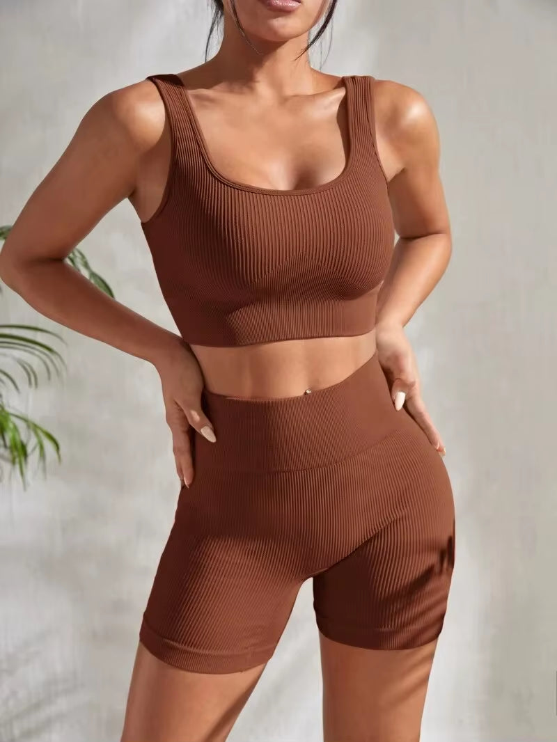 Elevate Your Workout with Our Seamless Ribbed Yoga Set: Stylish 2-Piece Gym Suit Featuring High Waist Shorts and Crop Tank Top for Ultimate Comfort and Performance