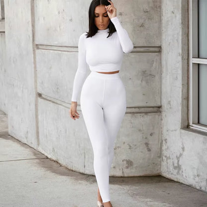 Elevate Your Workout Wardrobe with Our Stylish Women's 2-Piece Fitness Set - Long Sleeve Crop Top & Bodycon Leggings
