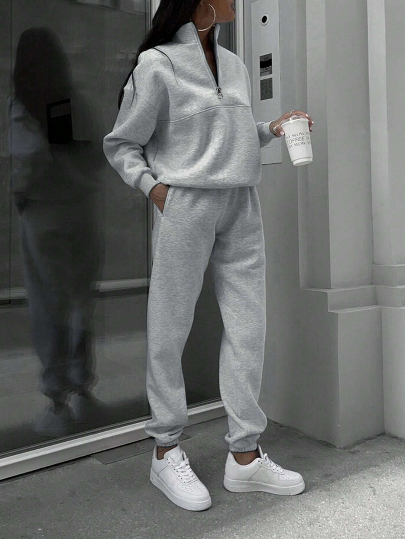 SHEIN X Carly Lawrence Women's Half-Zipper Hoodie and Jogger Pants Two-Piece Set for Fall
