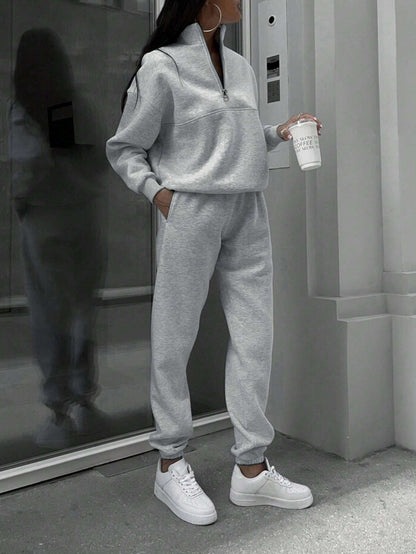 SHEIN X Carly Lawrence Women's Half-Zipper Hoodie and Jogger Pants Two-Piece Set for Fall