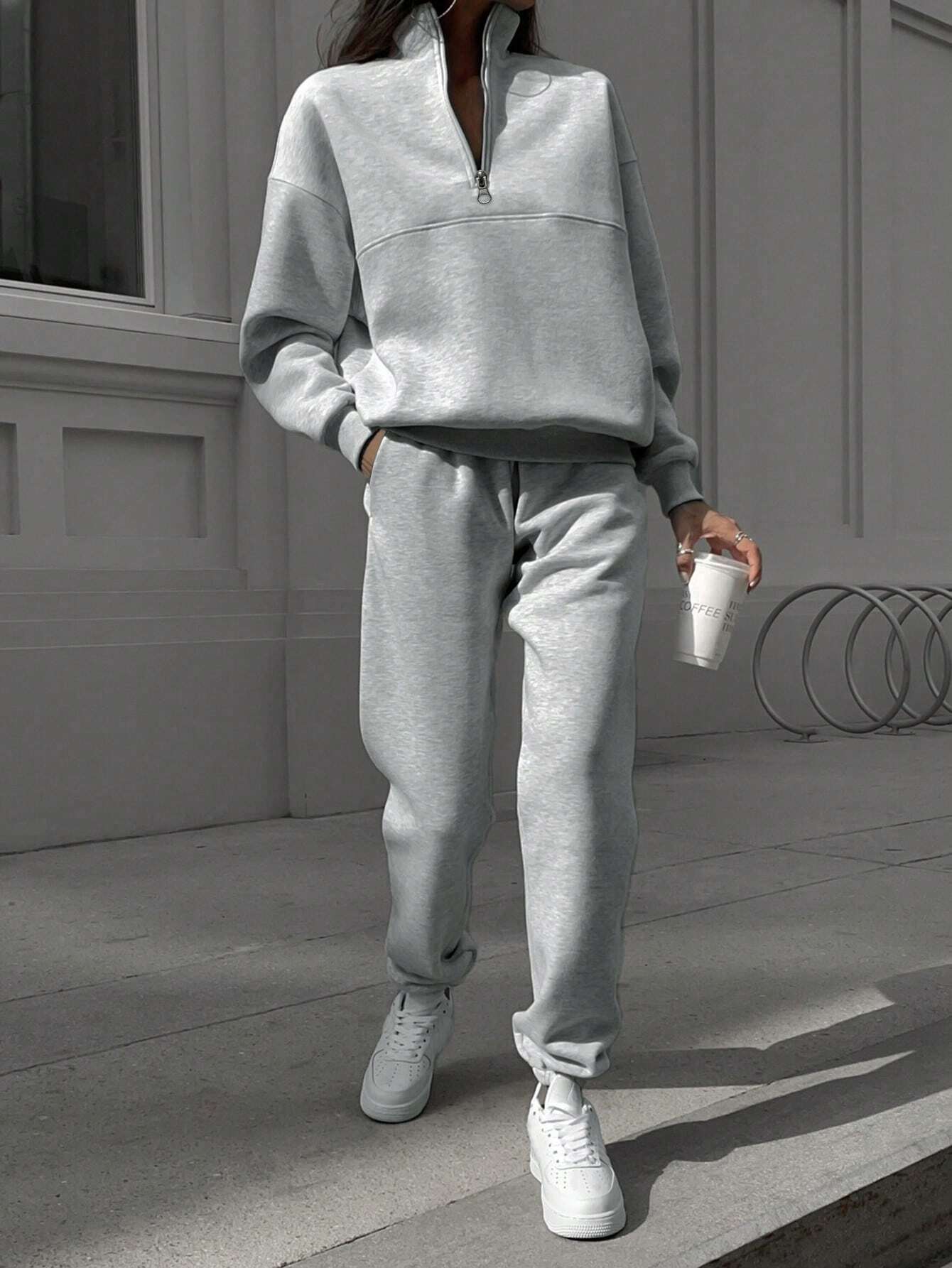SHEIN X Carly Lawrence Women's Half-Zipper Hoodie and Jogger Pants Two-Piece Set for Fall