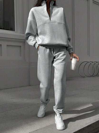 SHEIN X Carly Lawrence Women's Half-Zipper Hoodie and Jogger Pants Two-Piece Set for Fall