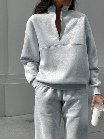SHEIN X Carly Lawrence Women's Half-Zipper Hoodie and Jogger Pants Two-Piece Set for Fall