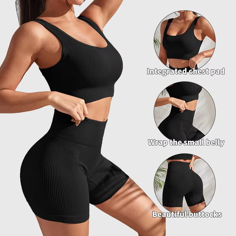 Elevate Your Workout with Our Seamless Ribbed Yoga Set - Stylish 2-Piece Gym Suit Featuring a Crop Tank and High Waist Shorts