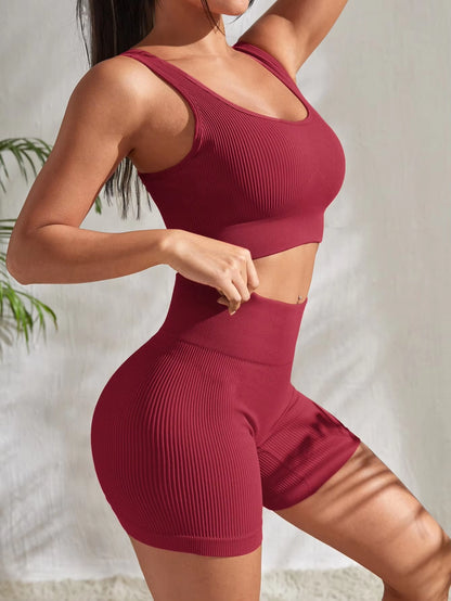 Elevate Your Workout with Our Seamless Ribbed Yoga Set - Stylish 2-Piece Gym Suit Featuring a Crop Tank and High Waist Shorts