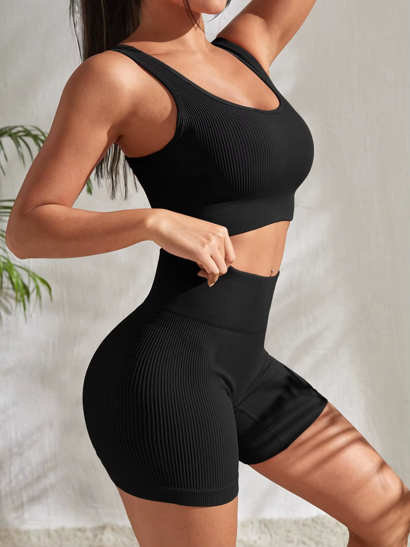 Elevate Your Workout with Our Seamless Ribbed Yoga Set - Stylish 2-Piece Gym Suit Featuring a Crop Tank and High Waist Shorts