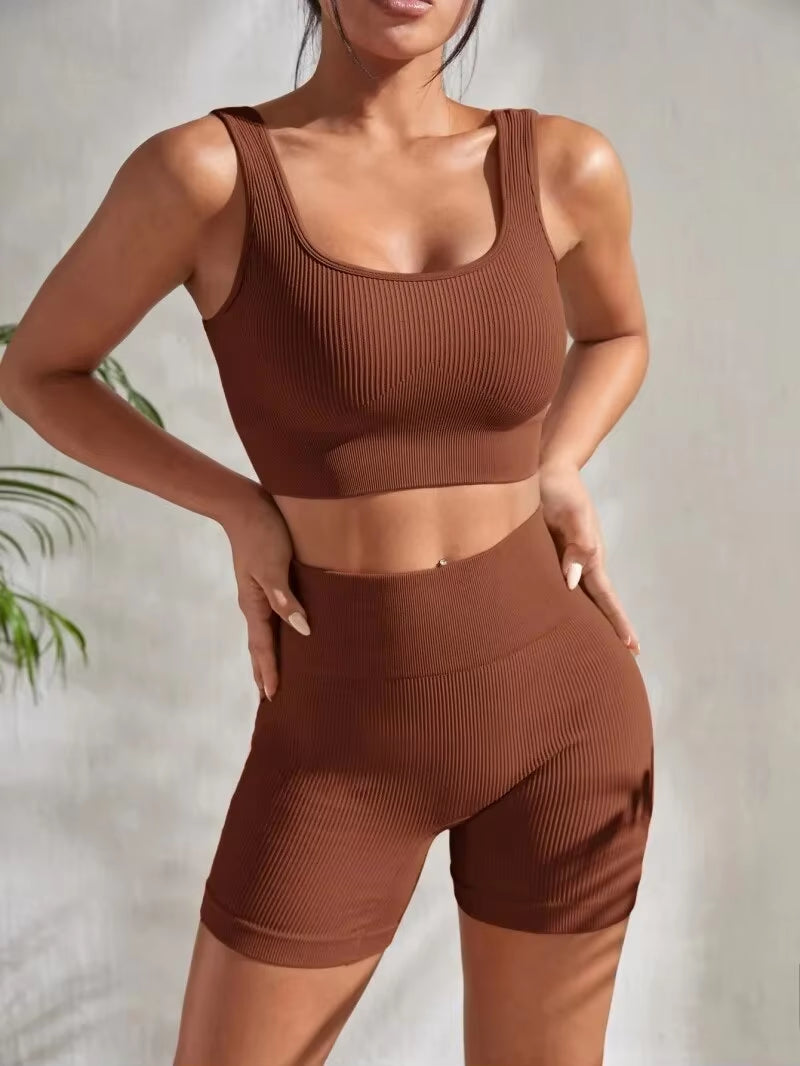 Elevate Your Workout with Our Seamless Ribbed Yoga Set - Stylish 2-Piece Gym Suit Featuring a Crop Tank and High Waist Shorts