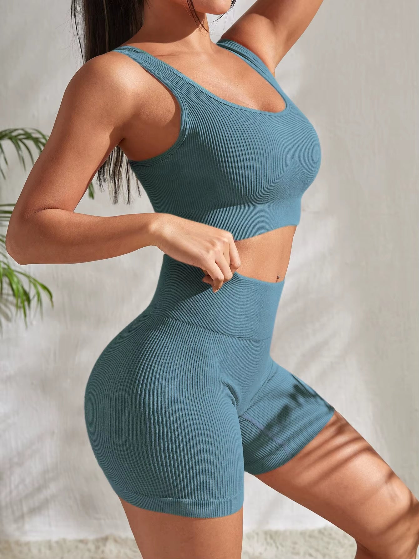 Elevate Your Workout with Our Seamless Ribbed Yoga Set: Stylish 2-Piece Gym Suit Featuring High Waist Shorts and Crop Tank Top for Ultimate Comfort and Performance