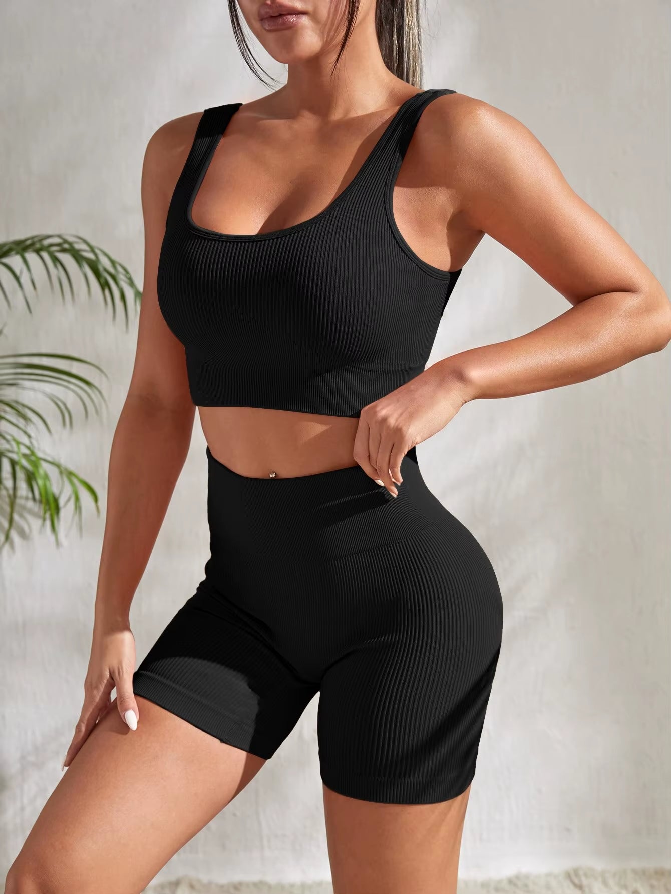 Elevate Your Workout with Our Seamless Ribbed Yoga Set - Stylish 2-Piece Gym Suit Featuring a Crop Tank and High Waist Shorts